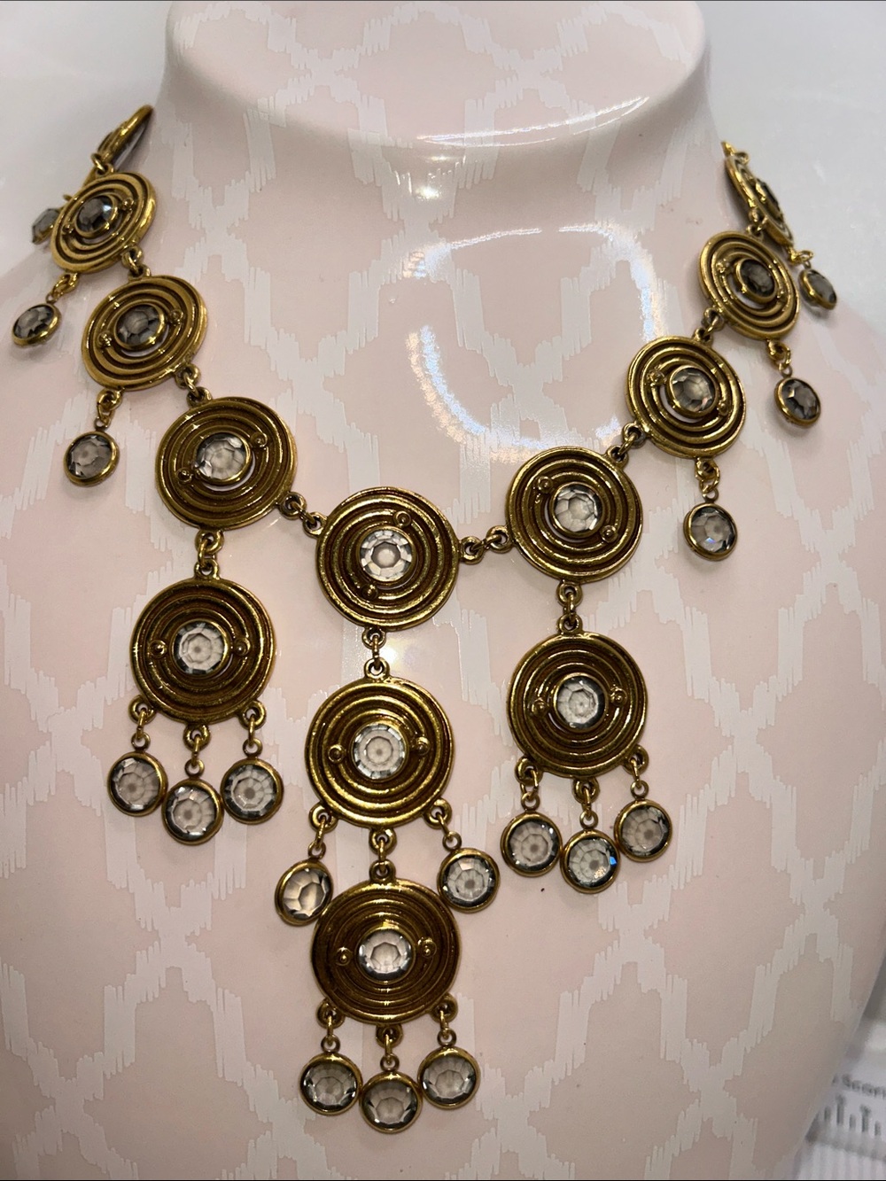 Vintage Goldette Gold Circular Disc Bib Necklace with Clear Crystal Drops